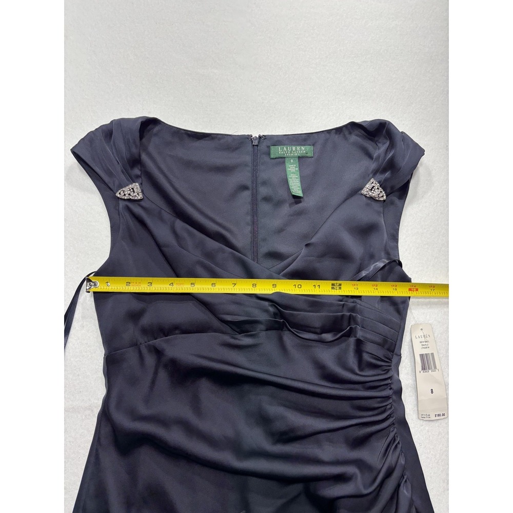 Lauren Ralph Lauren Evening Dress Womens 8 Blue Ruched Satin Sheath Knee Length - Picture 7 of 11